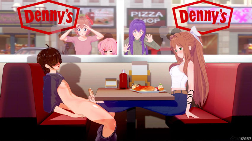 1boy 3d 4girls big_penis blue_eyes brown_hair denny's doki_doki_literature_club exposed_torso female footjob fully_clothed gomgom green_eyes human human_only light-skinned_female light-skinned_male light_skin long_hair male male/female maple_syrup monika_(doki_doki_literature_club) multiple_girls natsuki_(doki_doki_literature_club) penis pink_eyes pink_hair purple_eyes purple_hair resturant sayori_(doki_doki_literature_club) short_hair yuri_(doki_doki_literature_club)