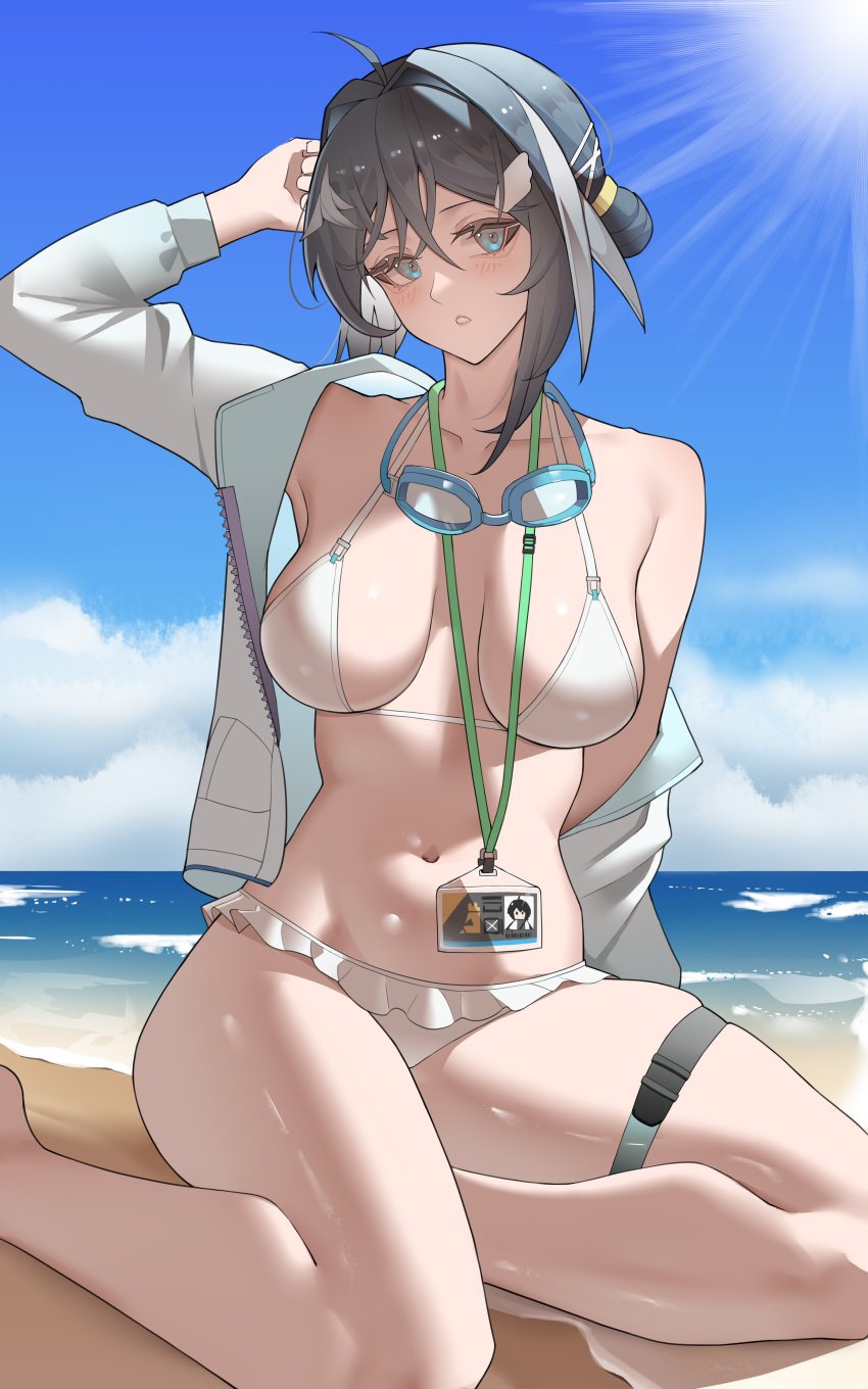 1girls arknights armpits badge bare_shoulders beach belly big_breasts bikini bikini_bottom bikini_top blue_eyes blush bra breasts calves cleavage collarbone female female_only grey_hair hair_bun hand_on_head head_tilt highres kneeling la_pluma_(arknights) la_pluma_(summer_flowers)_(arknights) light-skinned_female light_skin looking_at_viewer navel ocean off_shoulder panties parted_lips sagging_breasts short_hair sitting sitting_on_ground sky solo stomach swimming_goggles swimsuit thick_thighs thigh_strap thighs tied_hair waist white_bikini white_bikini_bottom white_bikini_top white_bra white_panties white_swimsuit yat_(tsmn7245)