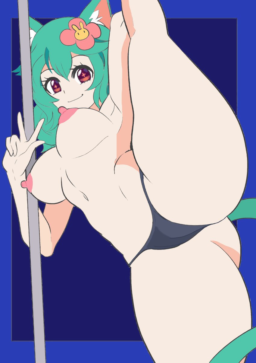 breasts cat_ears fit_female flexible green_hair hair_ornament happy legs_up looking_at_viewer panties pole rosedoodle_(vtuber) simple_background simple_shading sketchcolor smiling_at_viewer stevechopz stripper_pole tail thick_thighs virtual_youtuber