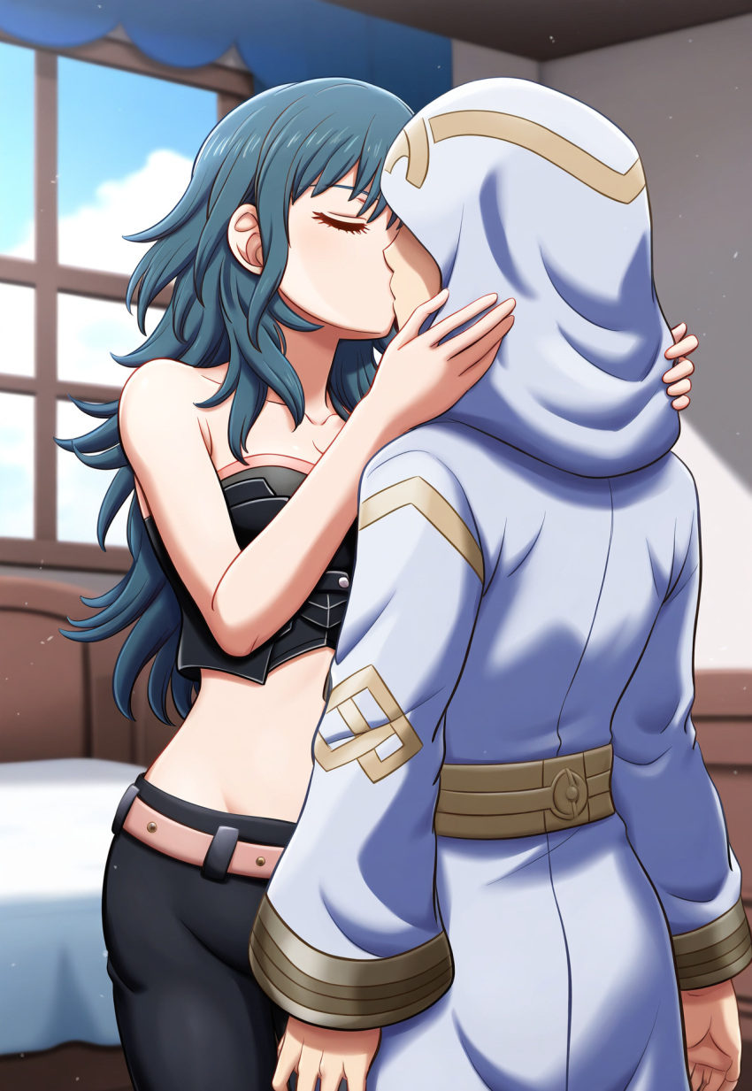 ai_generated belt black_pants black_strapless byleth_(fire_emblem) byleth_(fire_emblem)_(female) fingerless_gloves fire_emblem fire_emblem:_three_houses fire_emblem_heroes from_behind height_difference jeans kiran_(fire_emblem) kissing midriff nai_diffusion stable_diffusion strapless