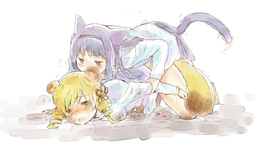 2girls akemi_homura animal_ears blonde_hair blood cat_ears cat_tail dirty drill_hair female hairband kemonomimi_mode long_hair mahou_shoujo_madoka_magica multiple_girls nori_senbei purple_eyes purple_hair raccoon_ear raccoon_tail tail tear tomoe_mami twin_drills virgin yellow_eyes yuri