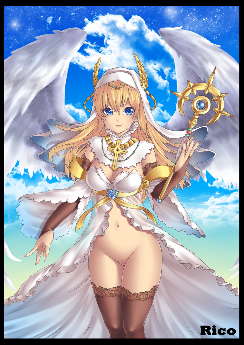 1girls angel blonde_hair blue_eyes breasts bridal_gauntlets cleavage cloud cross dress female habit head_wings high_resolution jewelry long_hair nail_polish navel necklace no_panties original pussy sky solo staff star_(sky) thighhighs wings yin-ting_tian