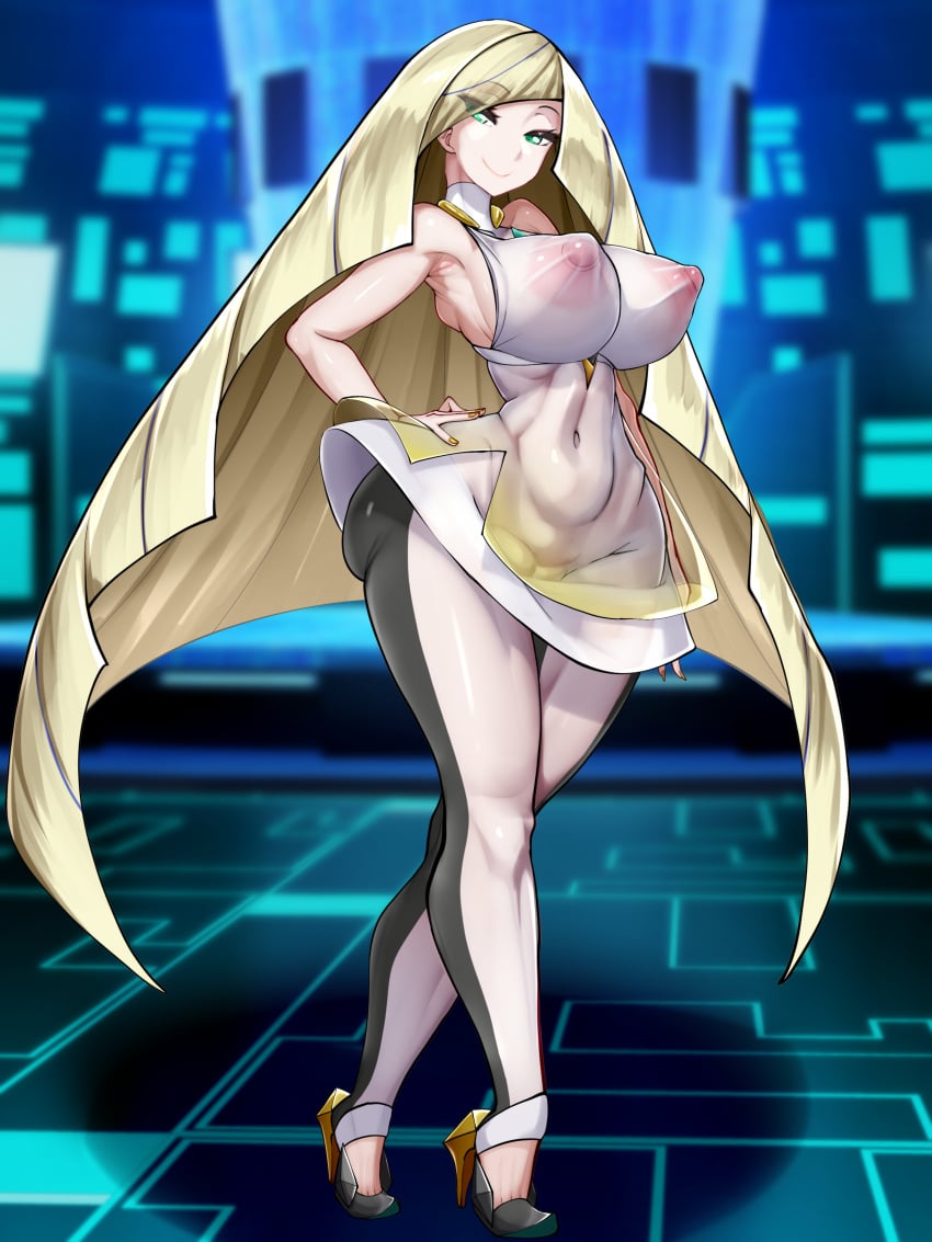 1girls ass big_breasts blonde_hair breasts clothing erect_nipples female female_only footwear full_body game_freak green_eyes hair hand_on_hip heels high_heels hips huge_breasts kawahagitei leggings long_hair lusamine_(pokemon) mature mature_female mature_woman milf mother nail_polish nails nipple_bulge nipples nipples_visible_through_clothing pokemon pokemon_sm short_dress smile solo solo_female very_long_hair wide_hips yellow_nail_polish yellow_nails