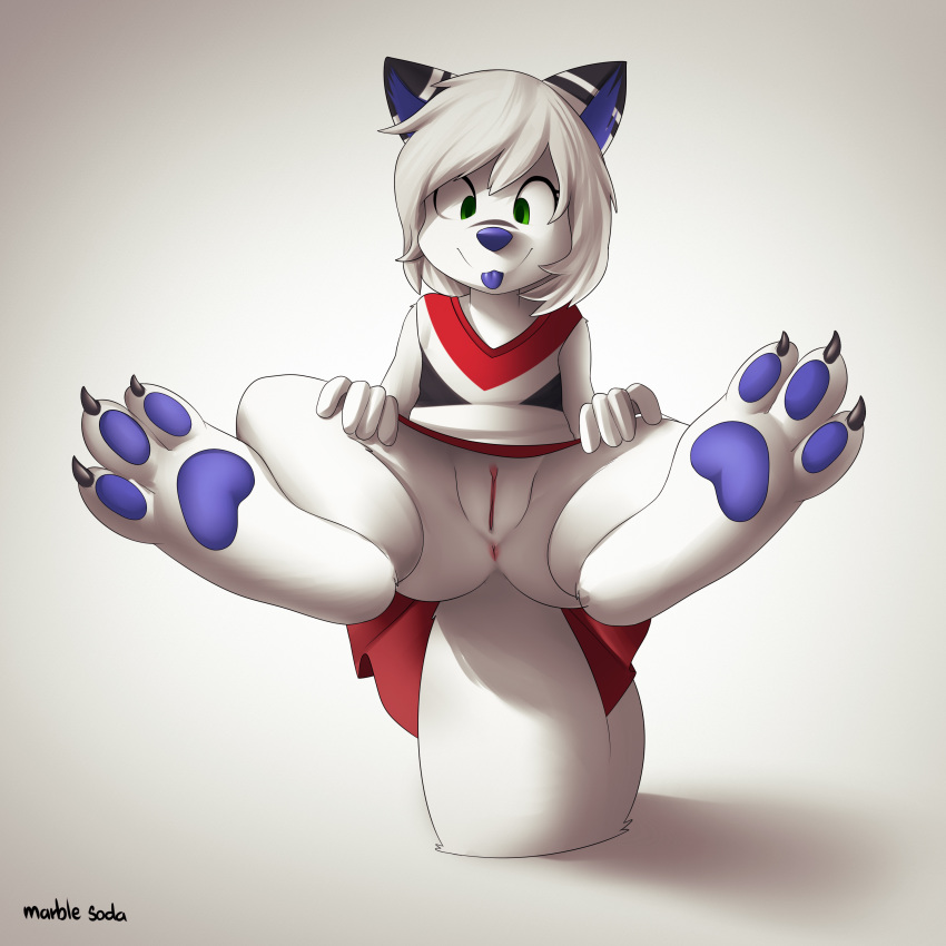 2015 absurd_res anthro anus clothing cute derpah female fur furry furry_only green_eyes hair hi_res mammal original_character pussy skirt solo tail tongue tongue_out white_fur white_hair