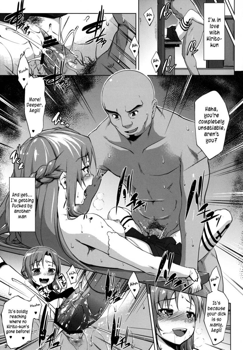 agil aincrad andrew_gilbert_mills censored comic_page dark-skinned_male dark_skin doujinshi interracial knights_of_the_blood long_hair pleasure_face single_girl sword_art_online tagme vaginal_penetration yuuki_asuna