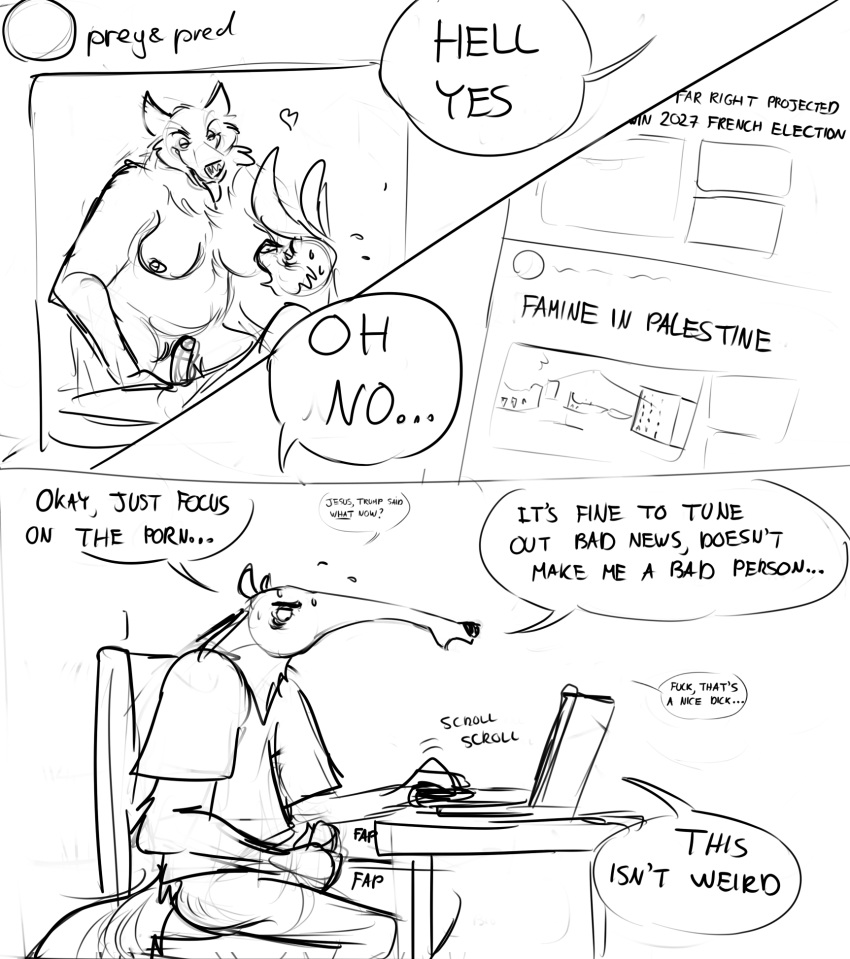 anteater anthro bluesky_(social_media) bodily_fluids canid canine canis dialogue dominant dominant_female duo female female_pred grivaire hi_res imminent_sex lagomorph leporid looking_at_porn male male/female male_prey mammal masturbation news news_article pilosan pornography predator/prey rabbit size_difference smaller_male solo sweat tongue tongue_out wolf xenarthran