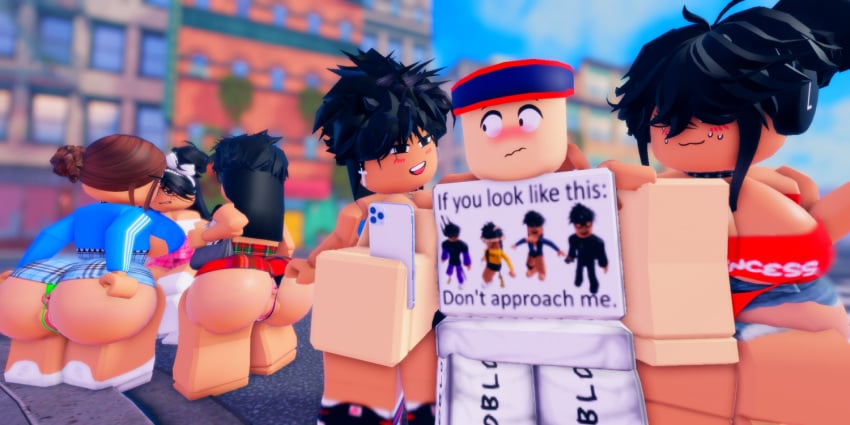 1boy 3d 5girls anus ass big_ass big_breasts blush breasts cleavage cnp_(roblox) donquiotedd female intimidation male multiple_girls nervous phone pussy roblox roblox_avatar robloxian self_upload tagme thick_ass thick_thighs thong thong_bikini thong_over_anus