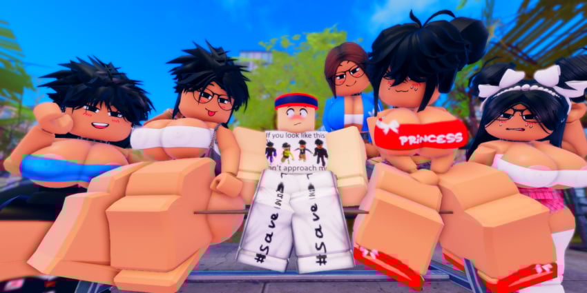 1boy 3d 5girls ass big_ass big_breasts black_hair blush breasts choker cnp_(roblox) donquiotedd female glasses male multiple_girls nervous nipples roblox roblox_avatar robloxian self_upload tagme