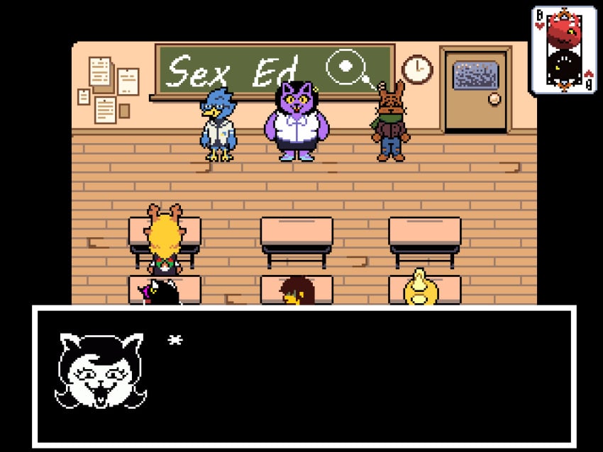 animated anthro berdly bladedbard bodily_fluids catty_(undertale) classroom cum deltarune digital_media_(artwork) fan_character female genital_fluids group humor impregnation male male/female penetration pixel_(artwork) pixel_animation public public_sex questionable_consent school sex sex_education sprite sprite_animation sprite_art text trio undertale_(series) vaginal_penetration vaginal_penetration