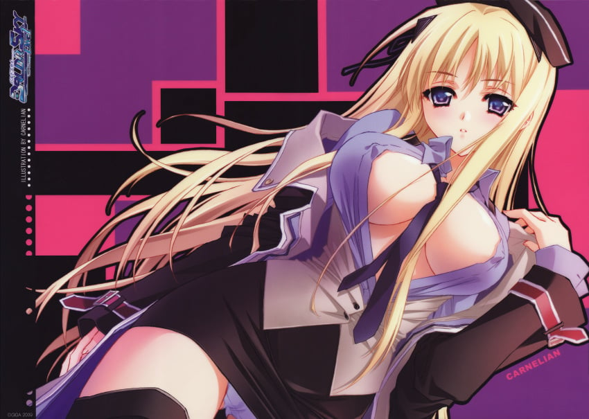 baldr_(series) baldr_sky blonde_hair blue_eyes breasts carnelian erect_nipples hat highres huge_filesize kirishima_rain large_breasts long_hair miniskirt necktie no_bra open_clothes open_shirt panties pantyshot shirt skirt thighhighs underwear white_panties zettai_ryouiki