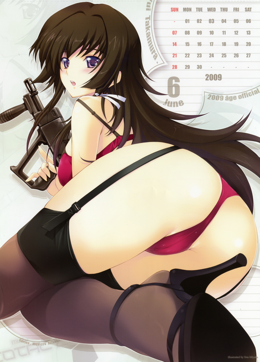 2009 ass black_hair blush bra calendar_(medium) cameltoe garter_belt gun high_heels high_resolution huge_filesize june june_(month) lingerie lipstick long_hair looking_back lying miyata_sou muv-luv muv-luv_alternative muv-luv_alternative_-_total_eclipse panties purple_eyes red_panties ribbon shoes solo takamura_yui thighhighs underwear weapon