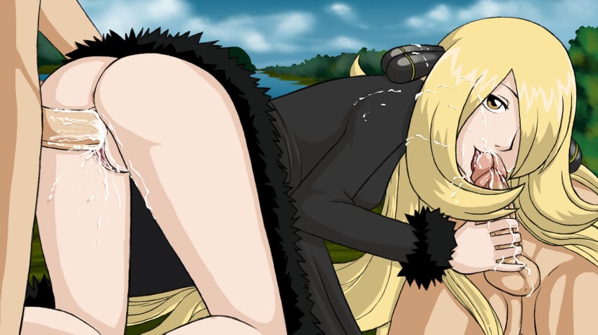 clothed_sex cum cum_inside cynthia_(pokemon) doggy_style ejaculation facial fellatio female gangbang group_sex handjob highres human human_only incognitymous licking male nintendo no_panties oral outdoor_sex penis pokemon pokemon_dppt pussy sex shirona_(pokemon) straight threesome uncensored vaginal_penetration