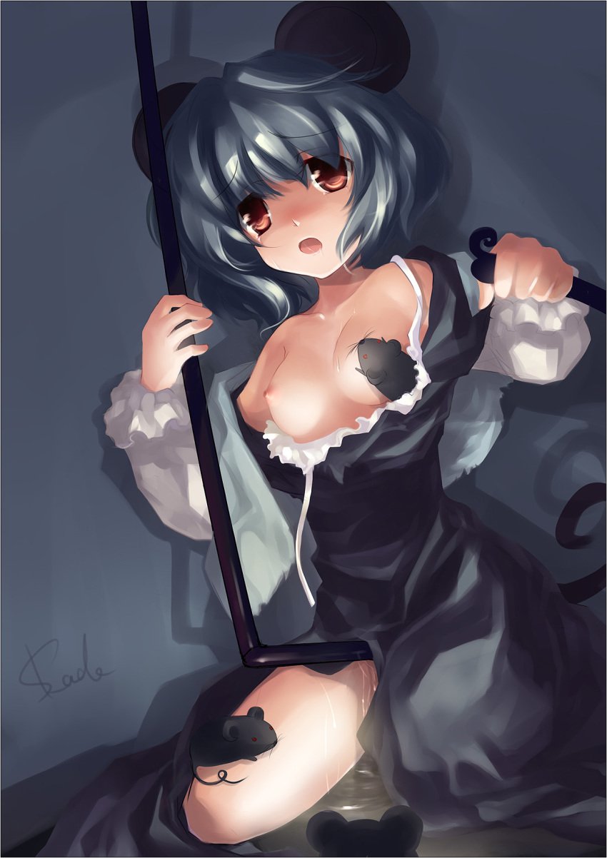 1girls animal_ear breasts dowsing_rod female grey_hair highres human masturbation medium_breasts mouse mouse_ears mouse_tail nazrin nipples off_shoulder open_mouth pussy_juice red_eyes saliva signature sitting skade solo sweat tail touhou wet_pussy