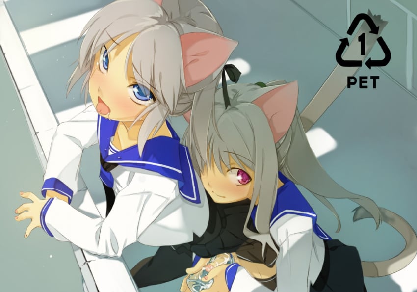 1boy 1girls androgynous animal_ears artificial_vagina blue_eyes cat_ears catboy crossdressing cum female femboy femboy_on_female from_behind handjob little_penis male male/female malesub maruku penis reach_around red_eyes school_uniform small_penis stockings straight tail thighhighs trap uncensored