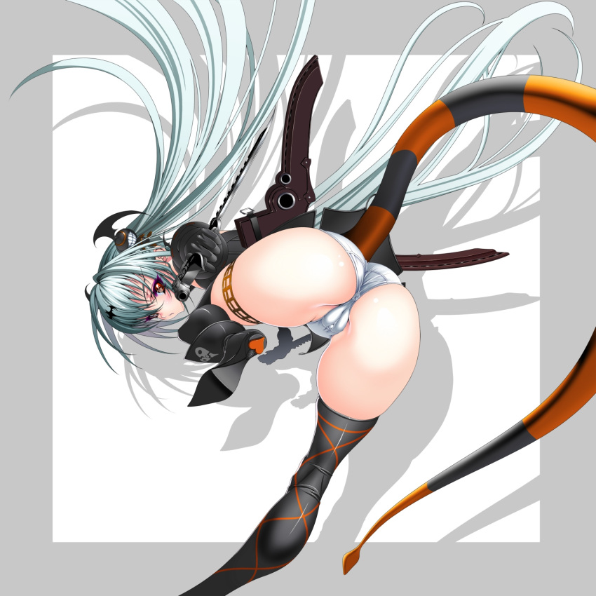 alice_faye anus ass cameltoe dagger from_behind gun head_wings headwings highres inagaki long_hair looking_back nitroplus panties queen's_blade queen's_gate red_eyes silver_hair tail thighhighs underwear very_long_hair weapon white_panties