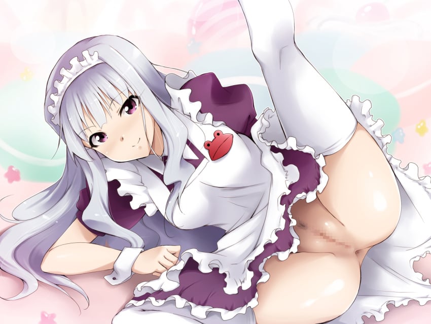 anus blush breasts censored female highres idolmaster kaiga large_breasts leg_up legs long_hair looking_at_viewer lying maid maid_headdress no_panties on_side pink_eyes presenting pubic_hair pussy shijou_takane silver_hair simple_background smile solo thighs white_legwear wrist_cuffs