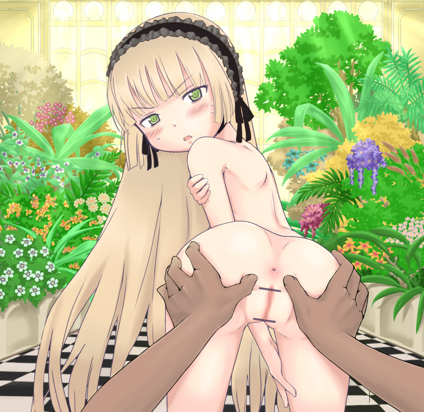 anus ass ass_grab bent_over blonde_hair blush censored checkered checkered_floor female flower from_behind garden gosick green_eyes hairband highres long_hair looking_at_viewer looking_back nude parted_lips plant pov pussy spread_anus sweat very_long_hair victorica_de_blois zaka-mundo