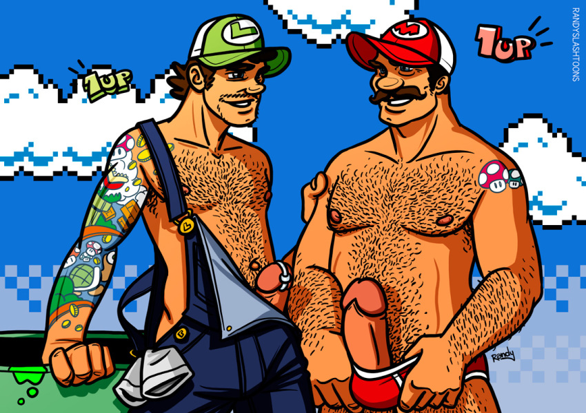 1up 2boys armpits brother cloud color erection facial_hair gloves hair hat human incest luigi male male_only mario mario_(series) moustache multiple_boys nintendo nipples nude overalls penis randyslashtoons sibling smile super_mario_bros. super_mario_bros._(nes) tattoo teeth underwear video_games warp_pipe