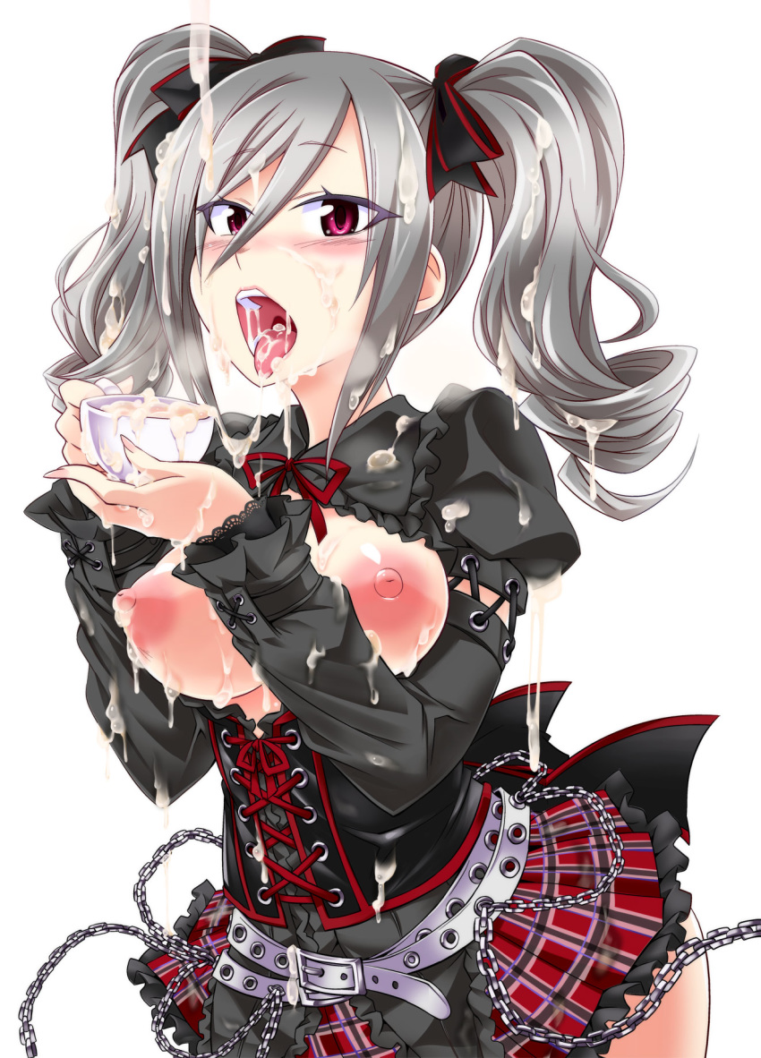 belt blush breasts breasts_out chains corset cum cum_in_cup cum_in_mouth cum_on_body cum_on_breasts cum_on_clothes cum_on_upper_body cup facial female grey_hair highres idolmaster idolmaster_cinderella_girls kanzaki_ranko kobayashi_tetsuya large_breasts nipples pigtails purple_eyes ribbon solo teacup tied_hair twintails white_background