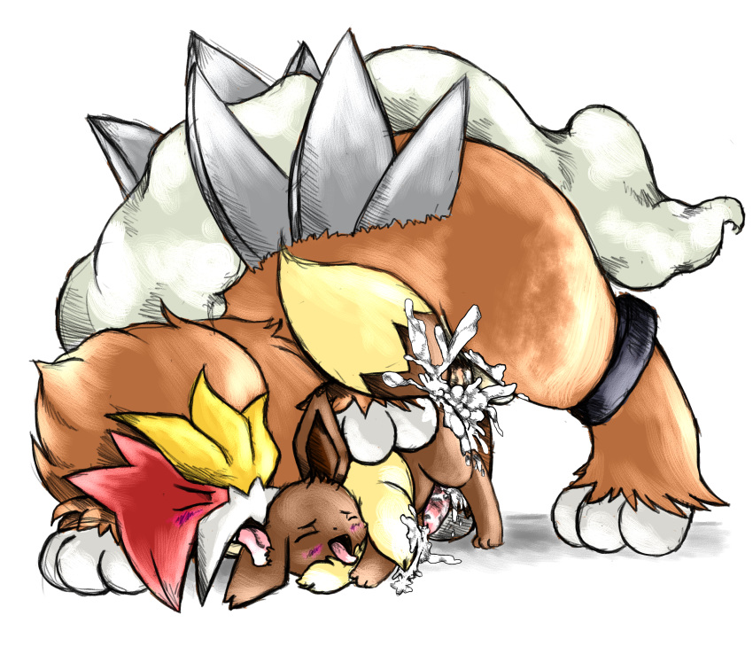 anal balls brown_fur cum cumshot eevee entei fur furry_ears furry_tail gay male nintendo orgasm penis plain_background pokemon size_difference tail tranquilmyst video_games white_background yellow_eyes