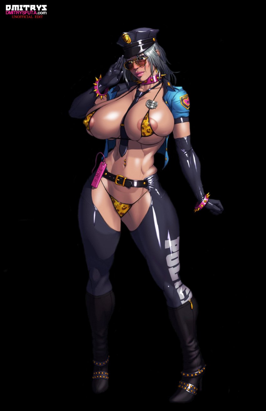 aunt_charlie_(dmitrys) blue_eyes busty cleavage curvy dmitrys female_version huge_breasts muscle muscles muscular navel_piercing necktie police_officer silver_hair spiked_collar sunglasses