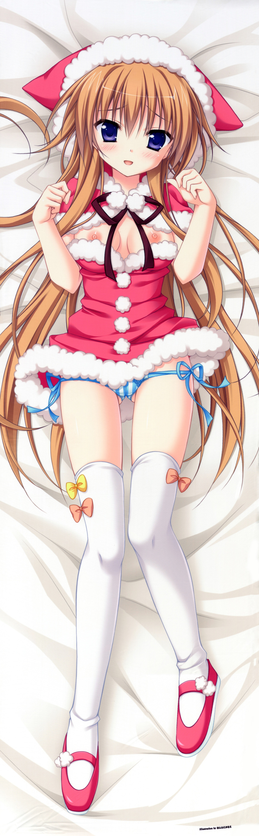 blonde_hair blue_eyes blush breasts christmas dakimakura female fixed high_resolution hontani_kanae long_hair long_image looking_at_viewer moribe_(rabumanyo) nipples panties tall_image