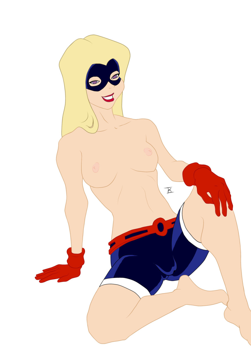 1girls areola areolae artist_request blonde_hair blue_eyes breasts cameltoe clothing color colored courtney_whitmore dc dc_comics female female_only gloves hair jla justice_league long_hair mask nipples purple_eyes shorts smile solo stargirl tagme topless