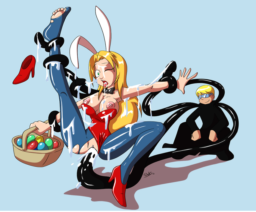 big_breasts blonde_hair breasts bunnygirl cosplay cum cum_everywhere cum_in_hair cum_in_mouth cum_in_pussy cum_on_breasts dahs easter easter_eggs eggs green_eyes hair high_heels igocu knightsnipe messy pantyhose tentacle torn_leggings ucogi vaginal_penetration