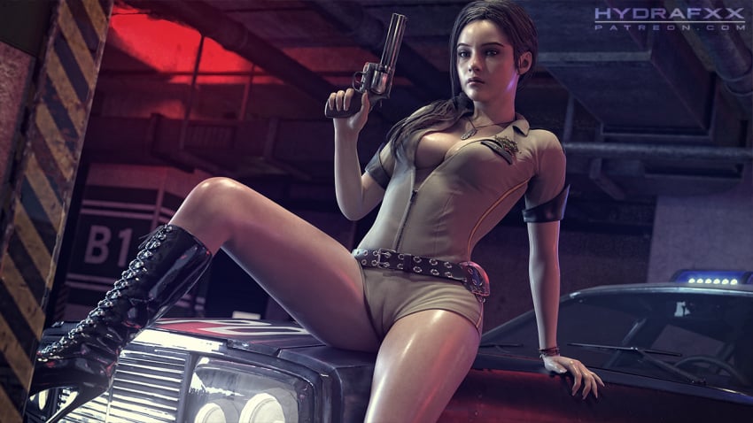 1girls 3d artist_name boots brown_hair capcom car claire_redfield claire_redfield_(jordan_mcewen) clothing female female_only firearm gun hair handgun high_heel_boots high_heels hydrafxx police_car resident_evil resident_evil_2 revolver seductive sheriff solo uniform video_games wallpaper watermark weapon