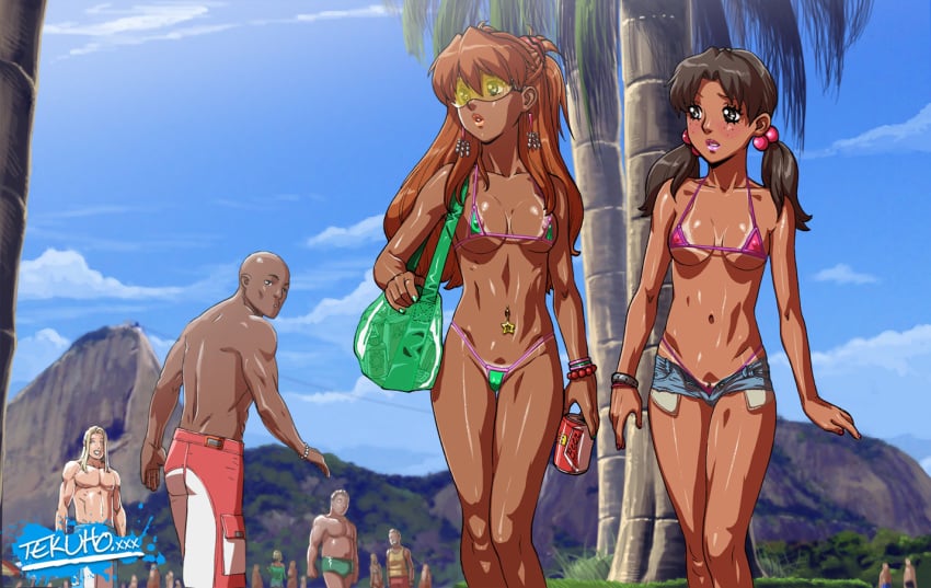 2girls areola_slip areolae asuka_langley_sohryu bag bald beer bikini blonde_hair blue_eyes blush bracelet breasts brown_eyes brown_hair can clothing daisy_dukes daisy_dukes_bikinis_on_top dark-skinned_female dark_skin earrings female freckles glasses green_nails hair hair_bobbles hair_ornament hikari_horaki hourglass_figure human jewelry lips long_hair looking_back male medium_breasts micro_bikini multiple_boys multiple_girls nail_polish navel navel_piercing neon_genesis_evangelion orange_hair palm_tree piercing red_nails revealing_clothes short_shorts shorts sky sunglasses swimsuit tan tanline tanned tekuho tied_hair topless tree twintails walking watermark web_address