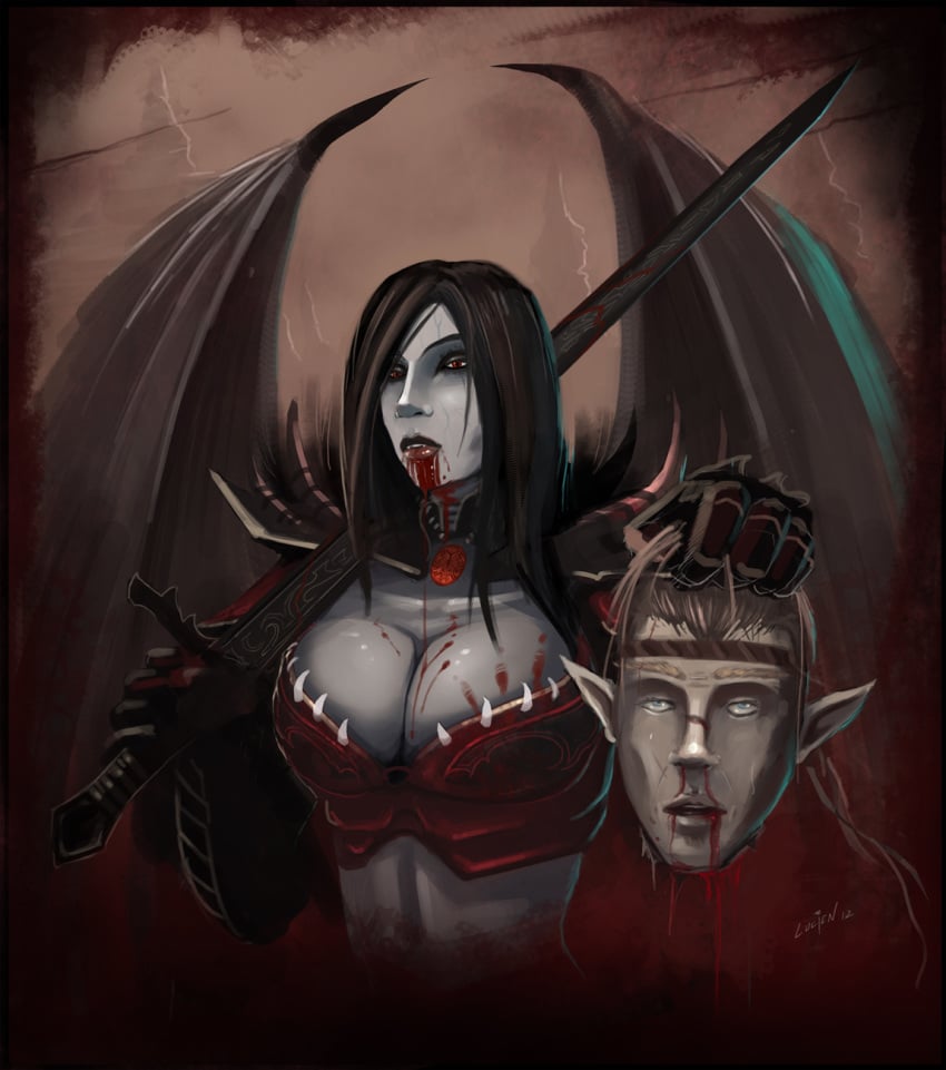 armor black_hair bleeding blood blood_stain bloody_face bloody_sword cleavage color death dominion's_chain dominions_chain female front_view gore grey_skin hair head holding interspecies lilium_(lucien) long_hair lucien male male_death necklace open_eyes red_eyes severed_head succubus sword vampire violent weapon wings