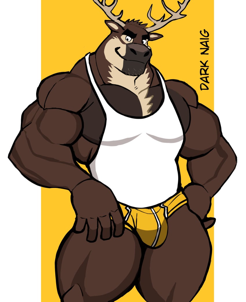 anthro antlers balls bara barazoku bulge darknaigart deer flaccid furry jett_(darknaig) male male_only muscles muscular pantsless penis solo solo_male tank_top underwear