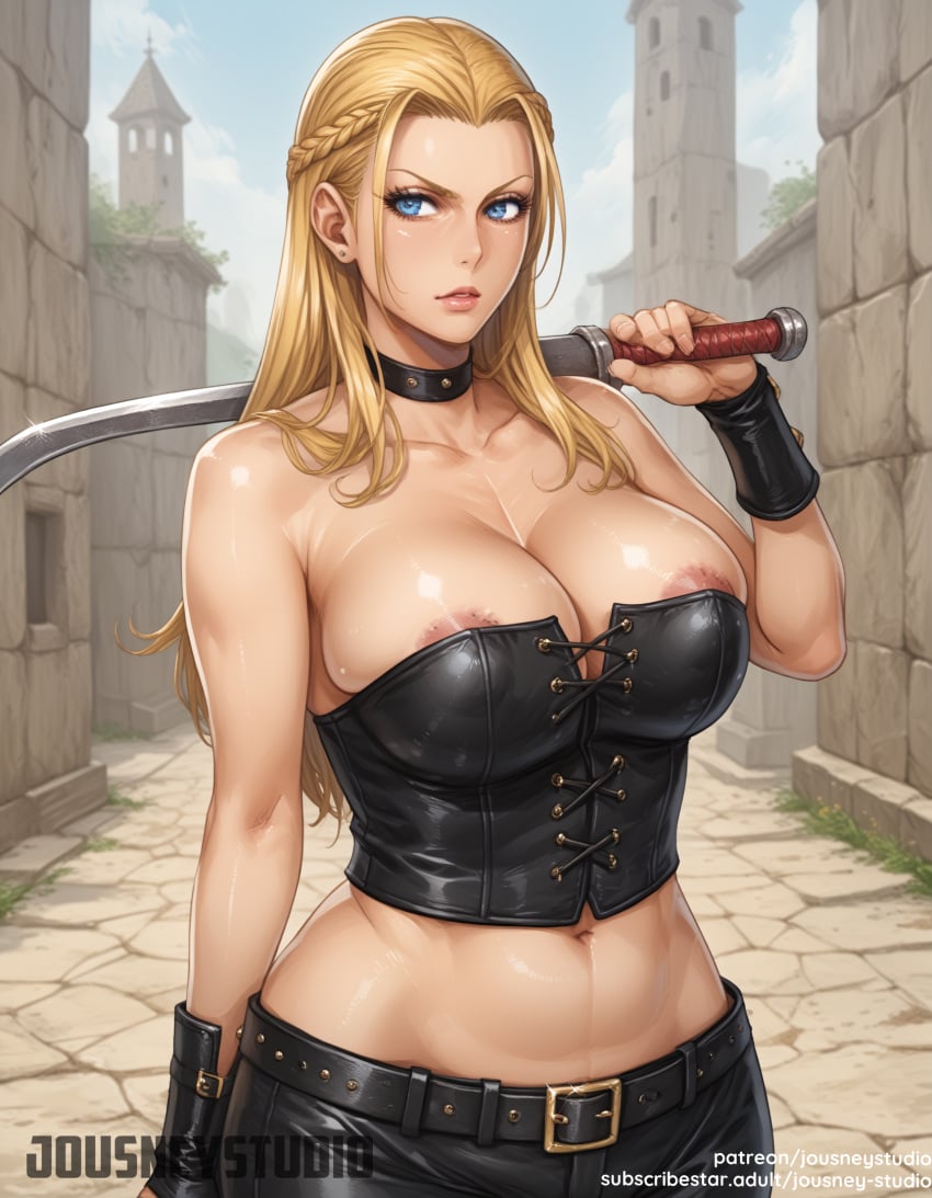 ai_generated areola_slip areolae bangs bare_shoulders belt black_choker black_gloves blonde_hair blue_eyes blue_sky blush braid breasts capcom choker clavicle cleavage clothing cloud collar corset crop_top day devil_may_cry earrings female female female_only fingerless_gloves gloves holding holding_object holding_weapon jewelry jousneystudio large_breasts lips long_hair looking_at_viewer midriff navel nipple_slip nipples outdoors pants parted_lips shirt sky solo standing sword thighs tied_hair trish_(devil_may_cry) wardrobe_malfunction weapon