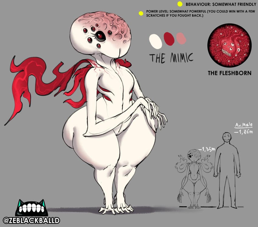 absurd_res alien alien_humanoid black_sclera bottom_heavy eldritch_abomination eyelashes featureless_chest female flat_chested genitals grey_background hi_res humanoid multi_eye pussy red_eyes scar short_stack simple_background solo text the_mimic_(ze_blackball.d) thick_thighs vertical_mouth white_body wide_hips ze_blackball.d