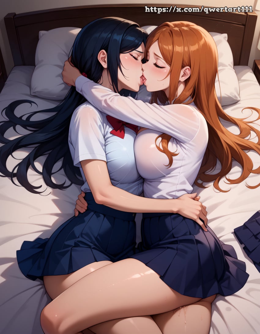 ai_generated ashamed black_hair bleach bleach:_the_thousand-year_blood_war blush bow brown_hair brown_hair closed_eyes curvy head_grab highres hourglass_figure indoors inoue_orihime kissing kuchiki_rukia large_breasts lesbian_kiss lips long_hair long_sleeves narrow_waist neck_grab on_side open_mouth pleated_skirt pussy_juice qwertart red_bow school_uniform schoolgirl shiny_skin shirt short_hair short_sleeves skirt slim slim_waist sweat tagme teeth tongue tongue_out waist_grab white_shirt wide_hips young yuri