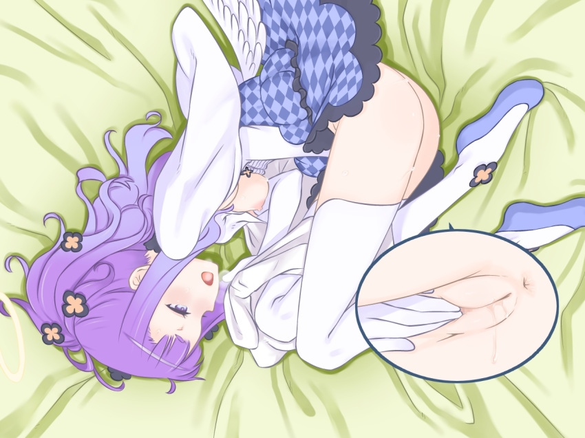 anus areolae ass bed blush close-up feet female highres hou_(hachiyou) legs long_hair looking_away lying masturbation nipples no_panties on_side open_mouth purple_eyes purple_hair pussy skirt small_breasts solo spinel_(summon_night) summon_night summon_night_5 thigh_boots thighs uncensored wet