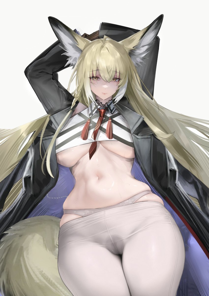 1girls alternate_version_at_source animal_ears arknights artist_request cameltoe female hi_res huge_breasts no_bra panties suit sweat tail tie underboob vulpisfoglia_(arknights)