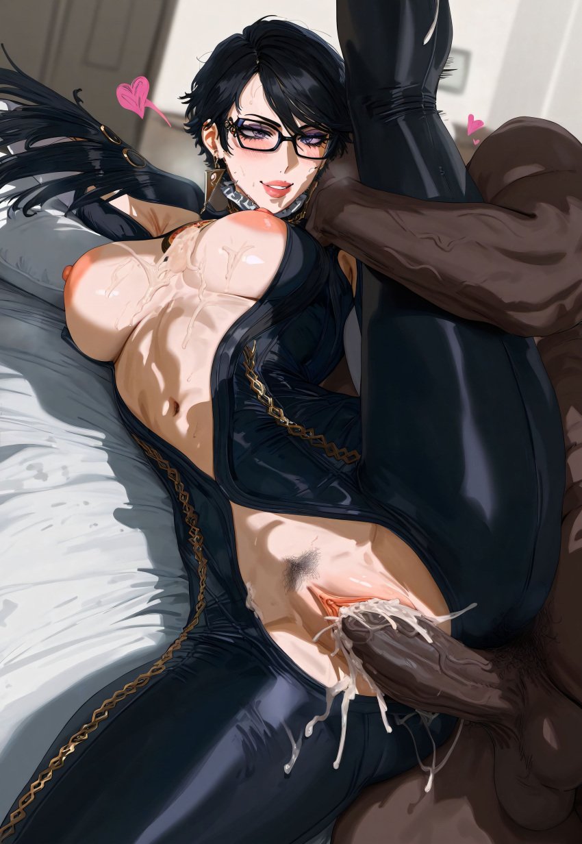 1boy 1girls ahe_gao ai_generated bayonetta bayonetta_(character) bayonetta_2 black_hair black_penis breasts breasts_out bukkake cheating cheating_wife clothed_sex cum cum_in_pussy dark-skinned_male earrings female functionally_nude glasses interracial male married_woman milf mole_under_mouth netorare panties_aside pussy sex short_hair tagme