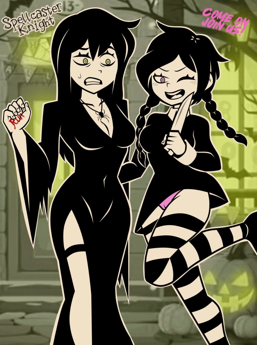 2girls ashley_graves black_hair blood breasts cosplay daughter english_dialogue english_text female female_only green_eyes halloween halloween_2024 halloween_costume halloween_decoration halloween_theme knife long_hair medium_breasts monochrome morticia_addams morticia_addams_(cosplay) mother mother_(the_coffin_of_andy_and_leyley) mother_and_daughter multiple_girls necklace panties pink_eyes pink_panties pov renee_graves self_upload smile spellcaster_knight stockings text the_addams_family the_coffin_of_andy_and_leyley twintails upskirt watermark wednesday_addams wednesday_addams_(cosplay) wink winking_at_viewer worried worried_expression worried_face worried_look