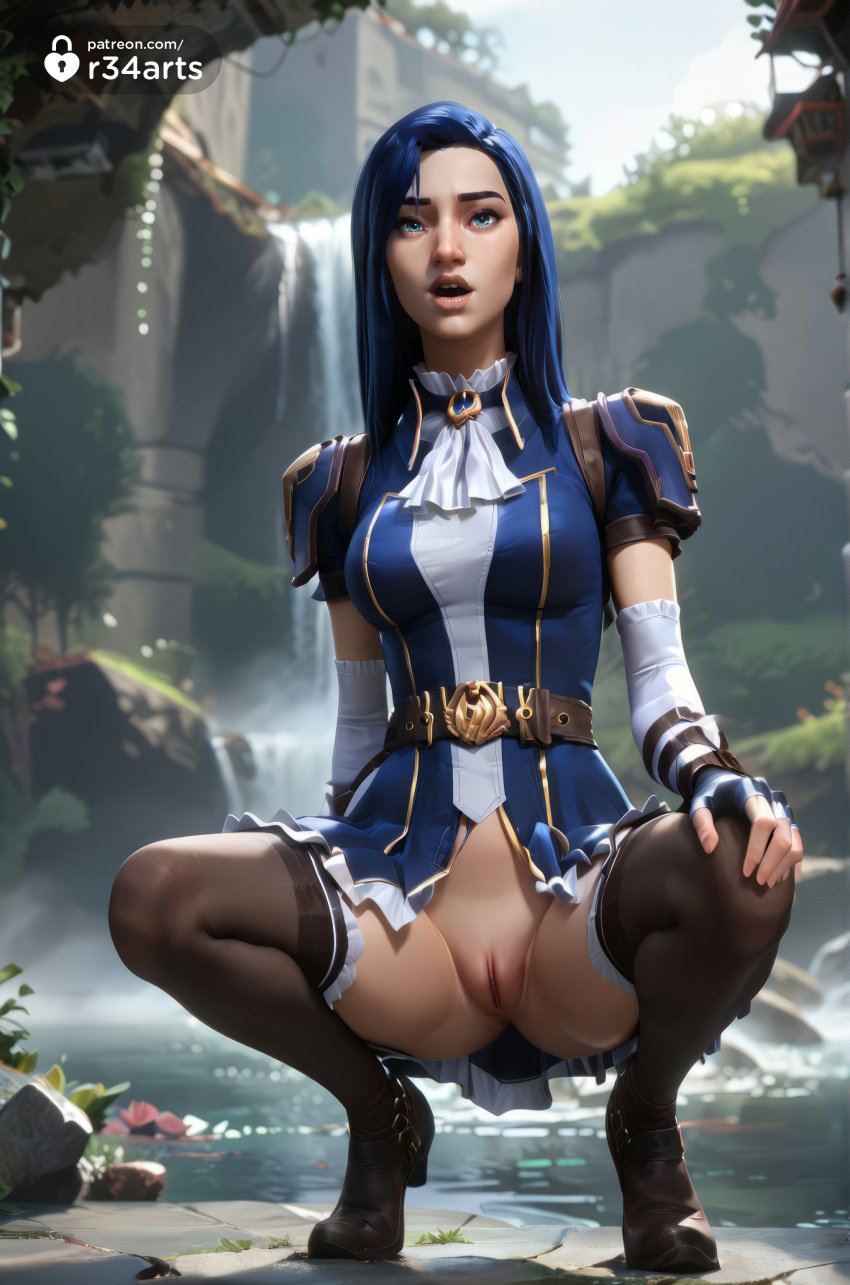 1girls ai_generated arcane arcane_caitlyn artist_name ascot belt black_footwear black_thighhighs blue_dress blue_eyes blue_hair blurry blurry_background boots breasts brown_thighhighs caitlyn_(league_of_legends) caitlyn_kiramman day dress elbow_gloves fingerless_gloves gloves hi_res high_heels league_of_legends lips long_hair looking_at_viewer medium_breasts netflix no_panties open_mouth outdoors pussy r34arts riot_games short_sleeves solo spread_legs squatting thighhighs tongue tongue_out uncensored water watermark web_address white_ascot