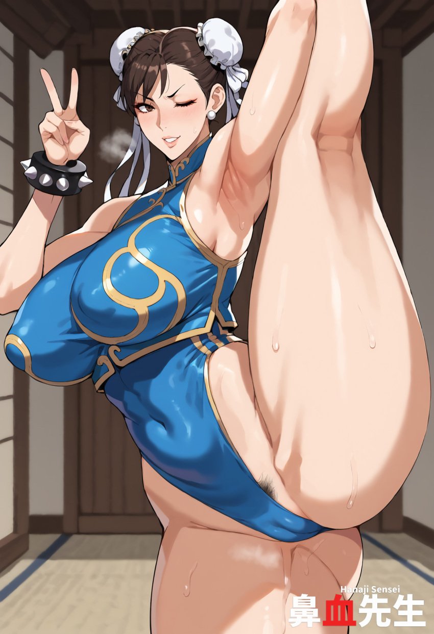 1girls ai_generated armpit_fetish armpits cameltoe capcom chun-li double_bun hanajisensei leg_up leotard mature mature_female peace_sign pubic_hair street_fighter thick_thighs thighs wink 鼻血先生