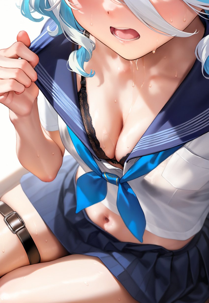 1girls ai_generated belly blush bra breasts cleavage female female_only furina_(genshin_impact) genshin_impact midriff nai_diffusion out_of_frame sailor_collar school_uniform schoolgirl serafuku skirt stable_diffusion sweat thigh_strap