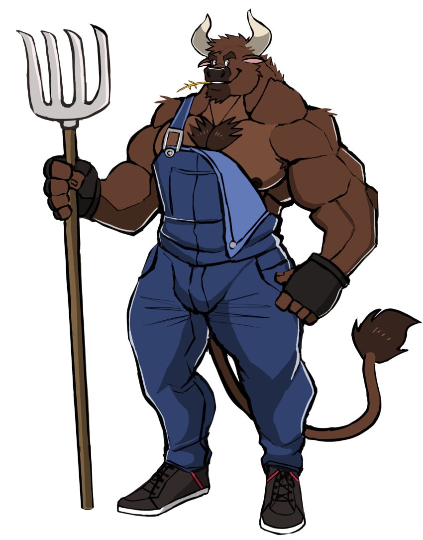 anthro balls bara barazoku bovid bovine bulge bull darknaigart flaccid furry horns male male_only muscles muscular overalls penis solo solo_male