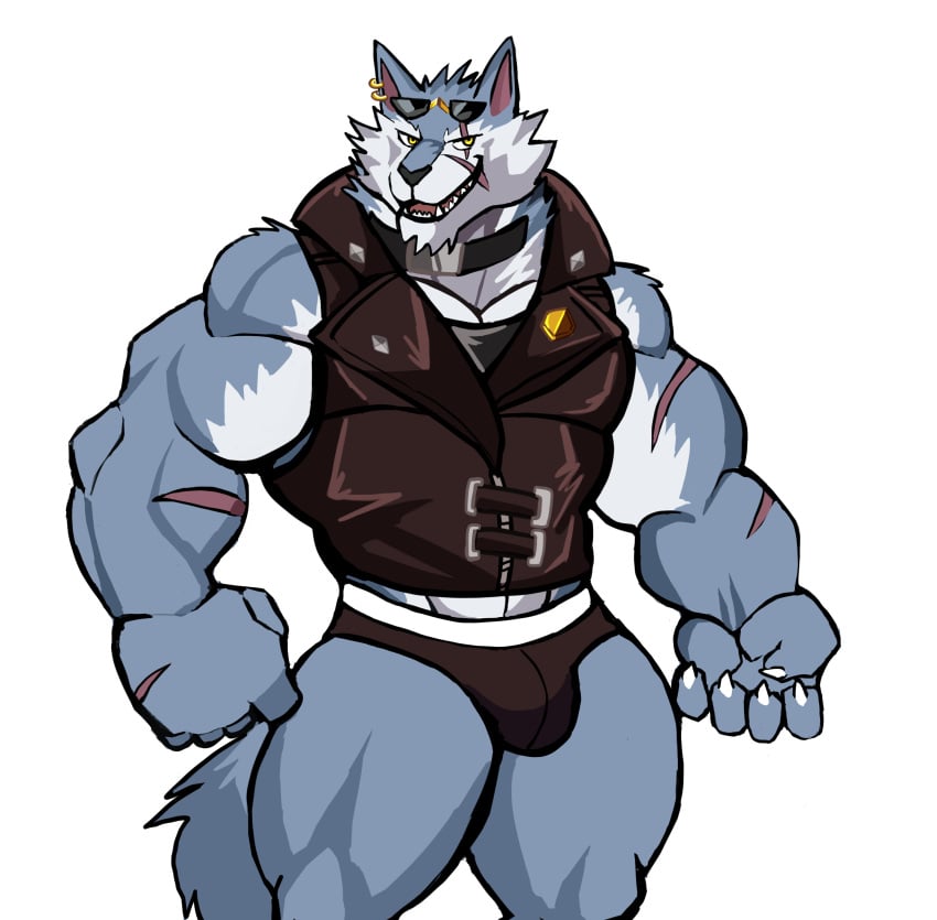 anthro balls bara barazoku bulge canine darknaigart dislyte flaccid freddy_(dislyte) furry gay male male_only muscles muscular pantsless penis scar scar_across_eye scars_all_over solo solo_male sunglasses underwear wolf yellow_eyes