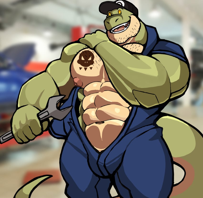 anthro balls bara barazoku bulge darknaigart dinosaur flaccid jace_(darknaig) male male_only mechanic muscles muscular open_clothes penis scalie solo solo_male tyrannosaurid tyrannosaurus tyrannosaurus_rex