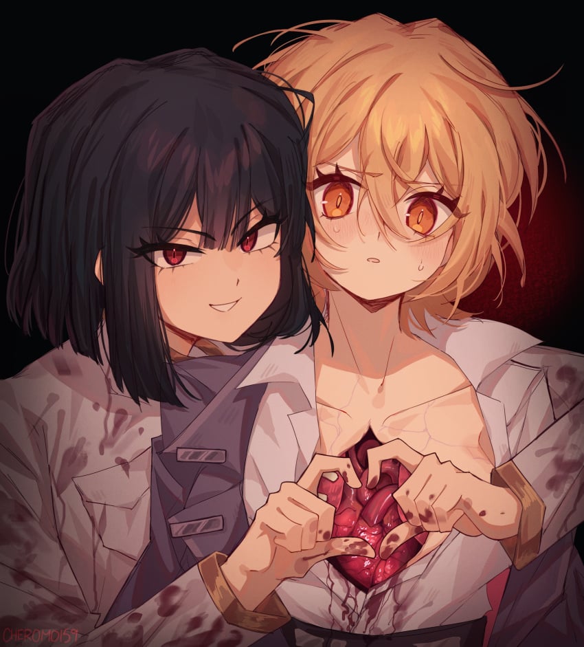 2girls absurdres black_hair blonde_hair blood blood_on_clothes blush cheromo159 coat collared_shirt don_quixote_(limbus_company) don_quixote_(project_moon) grey_jacket grin guro heart heart_(organ) heart_hands highres hug hug_from_behind jacket lapels limbus_company looking_at_viewer multiple_girls orange_eyes organs project_moon ryoshu_(limbus_company) ryoshu_(project_moon) scared shirt short_hair smile sweat upper_body white_coat white_shirt