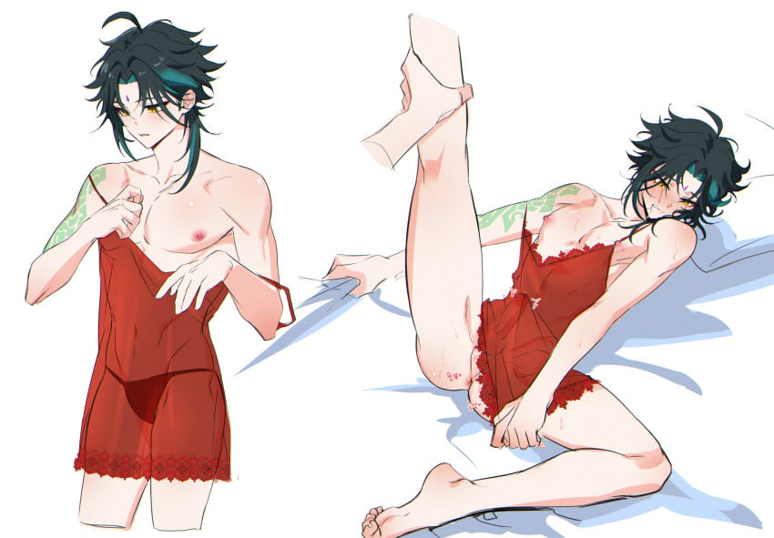 2boys ahoge anus arm_tattoo barefoot black_hair black_male_underwear dress facial_mark feet forehead_mark genshin_impact green_hair highres lji_321 male_focus male_underwear multicolored_hair multiple_boys multiple_views muscular muscular_male nipples open_mouth otoko_no_ko penis red_dress short_hair spread_legs tattoo testicles toes underwear white_background xiao_(genshin_impact) yaoi yellow_eyes