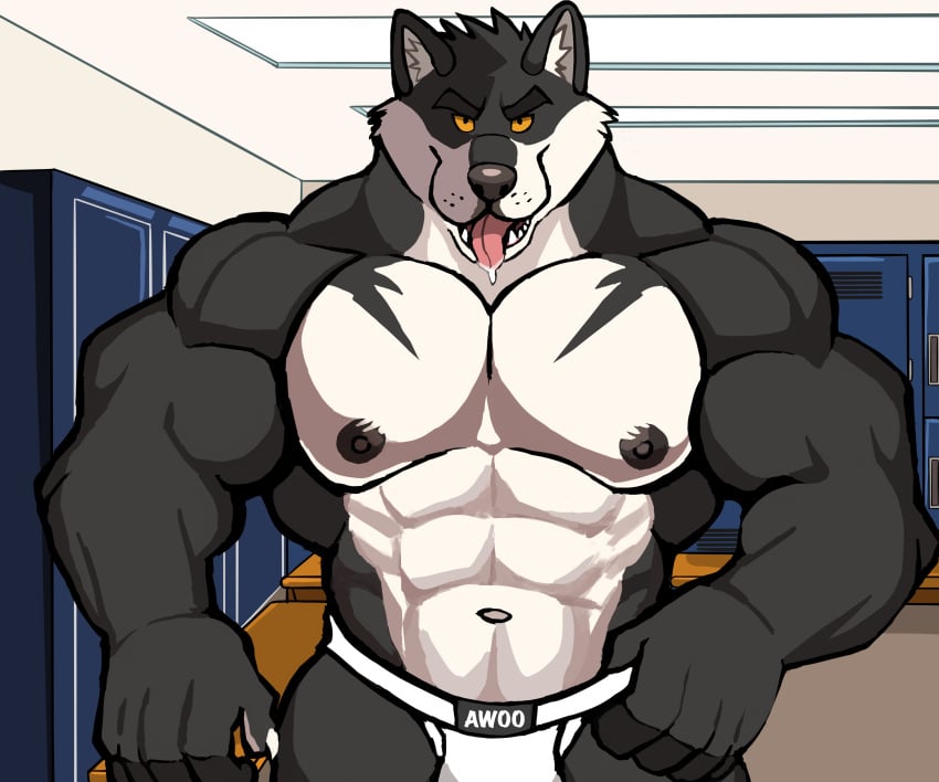 anthro balls bara barazoku bulge canine darknaigart flaccid furry jockstrap jockstrap_only male male_only muscles muscular penis solo solo_male tongue_out underwear underwear_only wolf