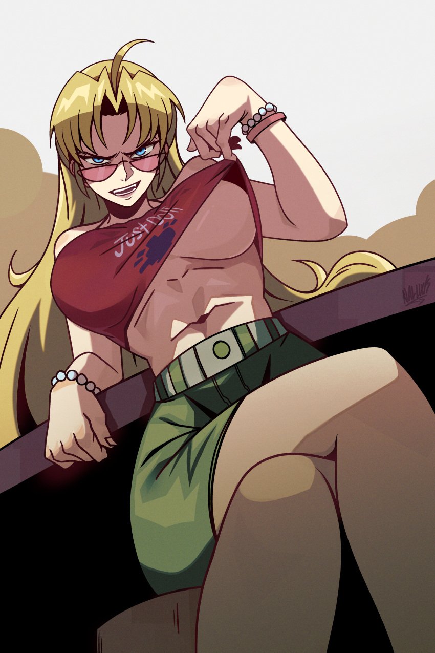 1girls alternate_version_available barstool black_lagoon crop_top eda_(black_lagoon) female hi_res naluxk_(artist) navel skirt underboob