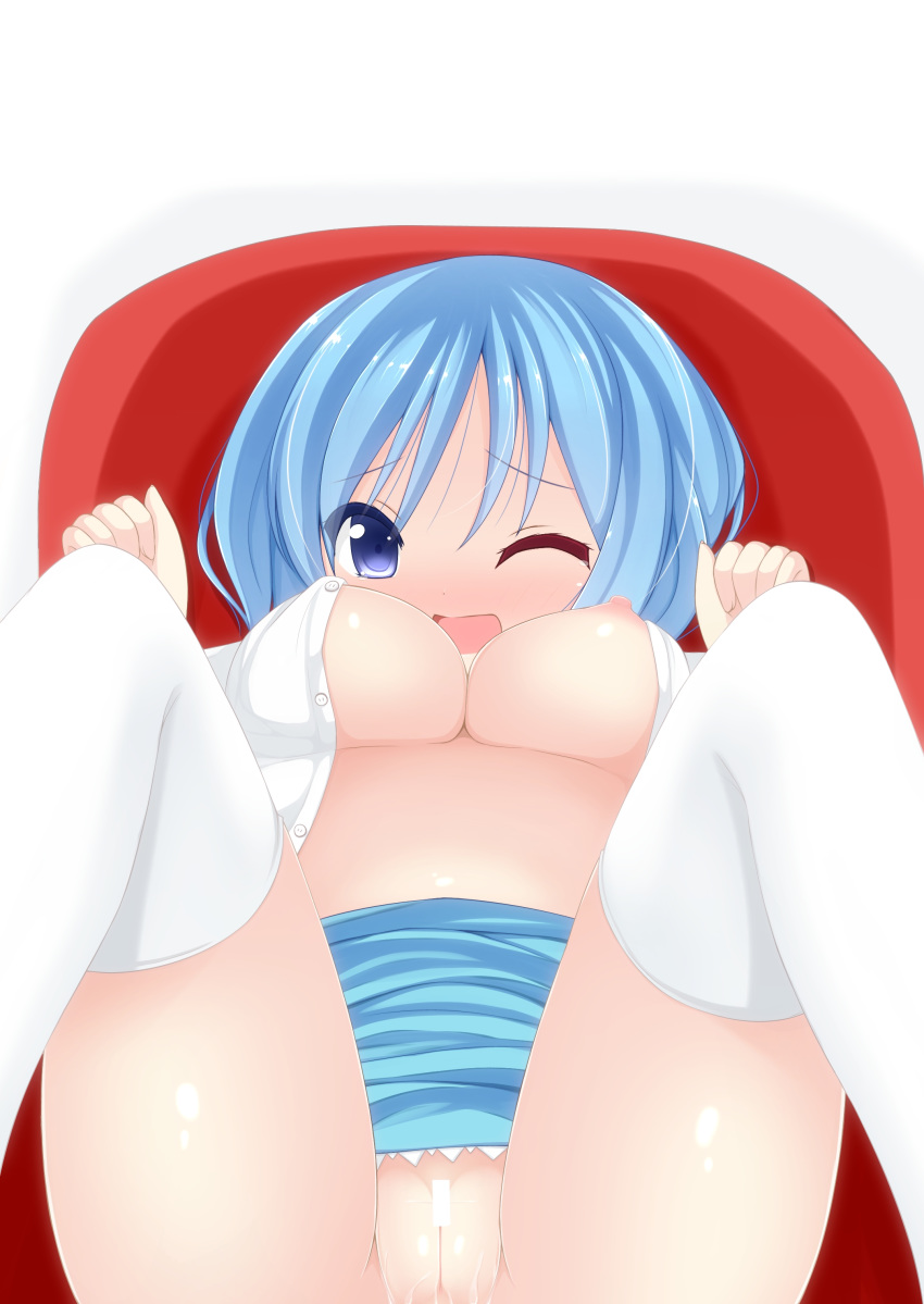 blue_eyes blue_hair blush breasts censored chimunge dress_shirt female high_resolution kogasa_tatara nipples no_bra no_panties open_mouth pussy shirt short_hair skirt solo thighhighs touhou white_legwear wink